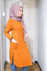 Waffle knit long tunic with cuff sleeve