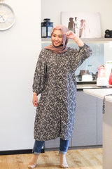 Amyra printed balloon sleeve oversized long tunic #3 Black