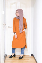 Waffle knit long tunic with cuff sleeve