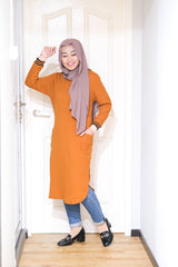 Waffle knit long tunic with cuff sleeve