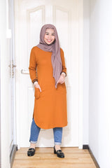 Waffle knit long tunic with cuff sleeve