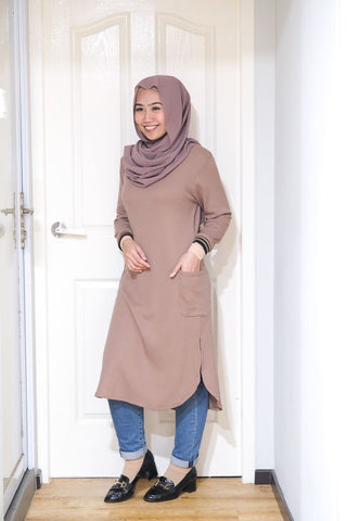 Waffle knit long tunic with cuff sleeve