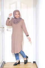 Waffle knit long tunic with cuff sleeve