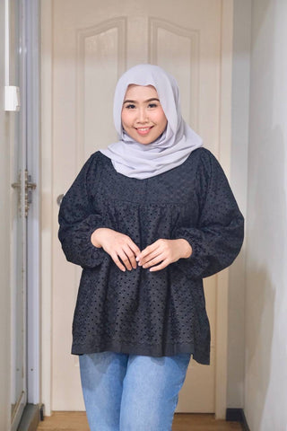 Wednesday eyelet puff balloon sleeve top Black